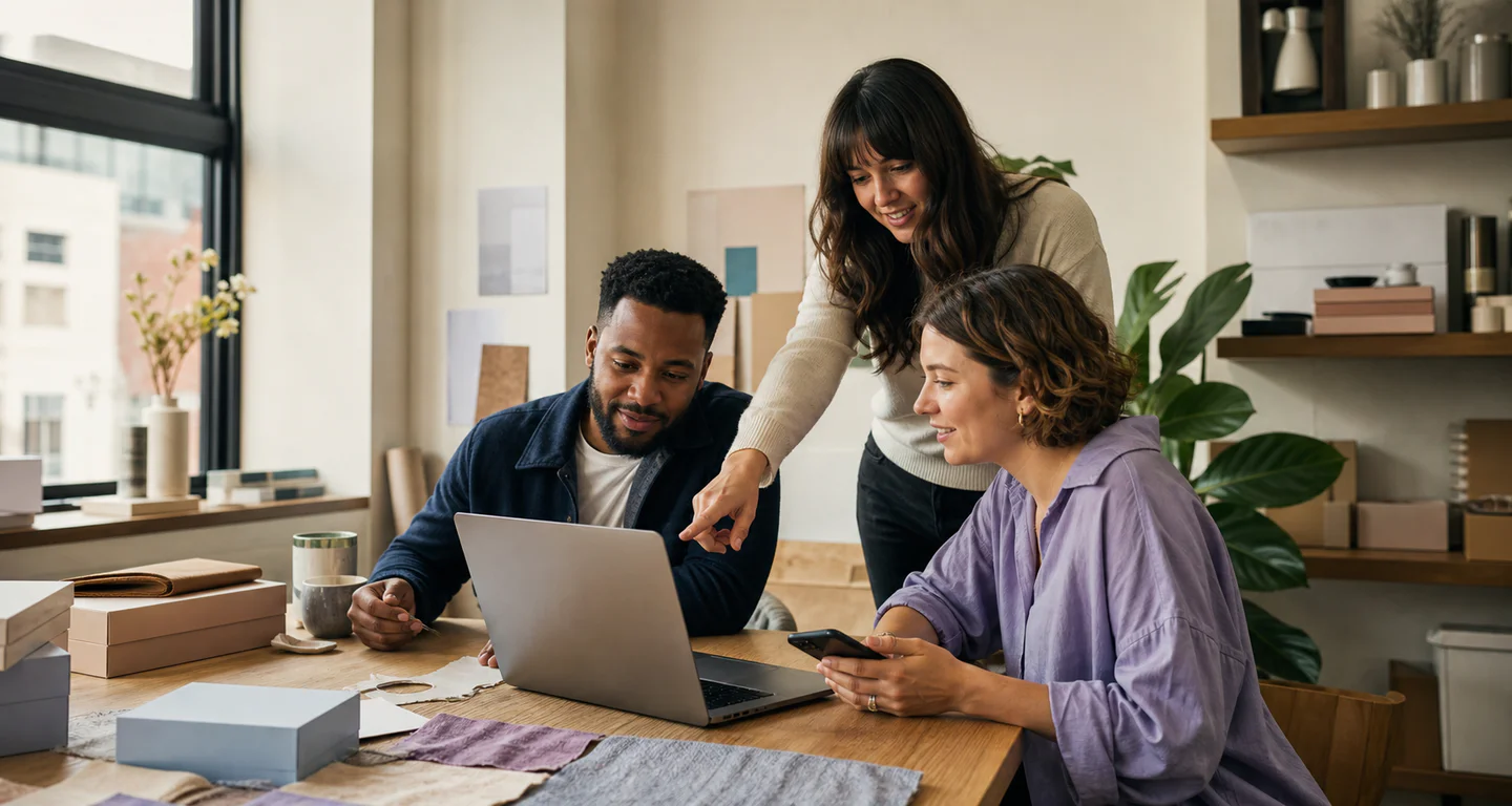 Three ecommerce agency professionals collaborating around a laptop in a warm creative studio