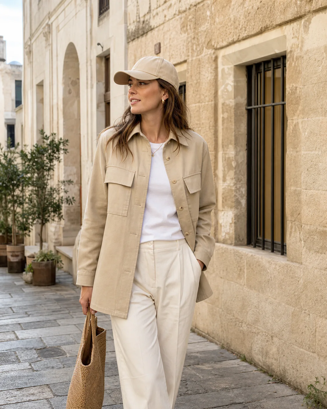 Woman wearing a sand cap and utility overshirt on a sunlit city street