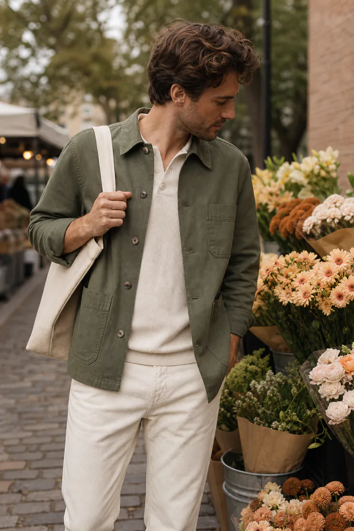 Man wearing an olive overshirt at a flower market