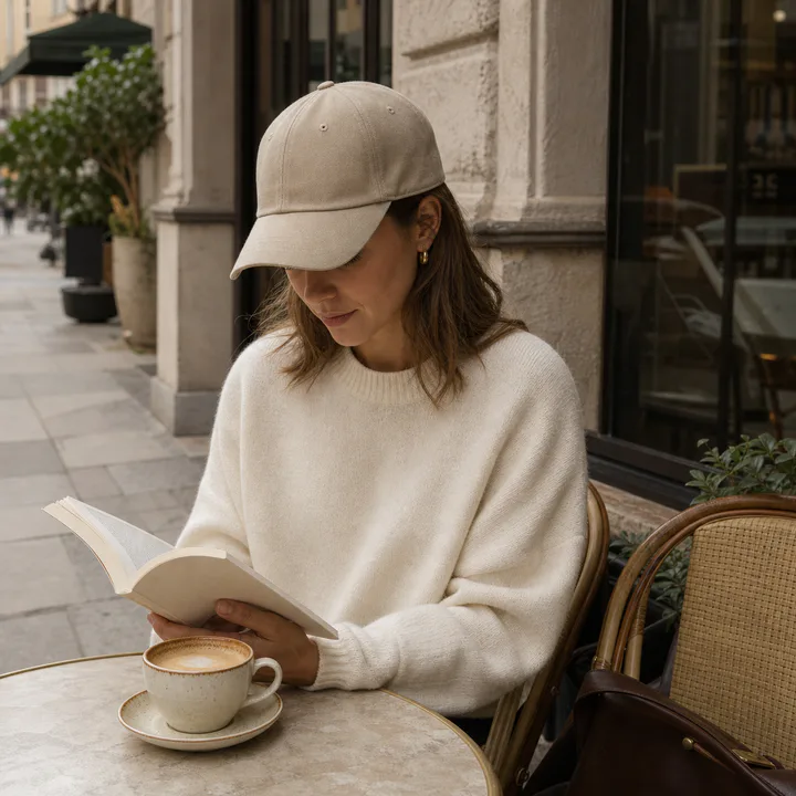Woman wearing a sand cap outside a cafe