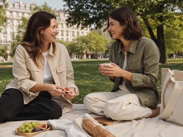 Friends wearing neutral utility overshirts at a park picnic