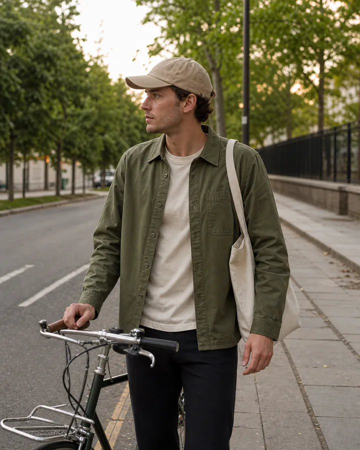 Man in an olive overshirt standing beside a bicycle
