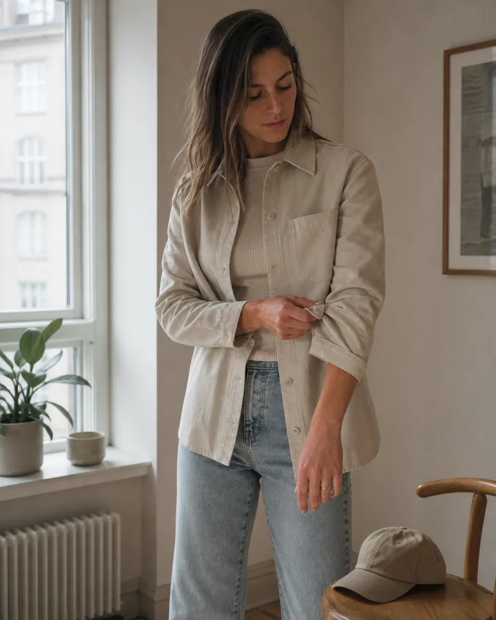 Woman styling a stone utility overshirt at home