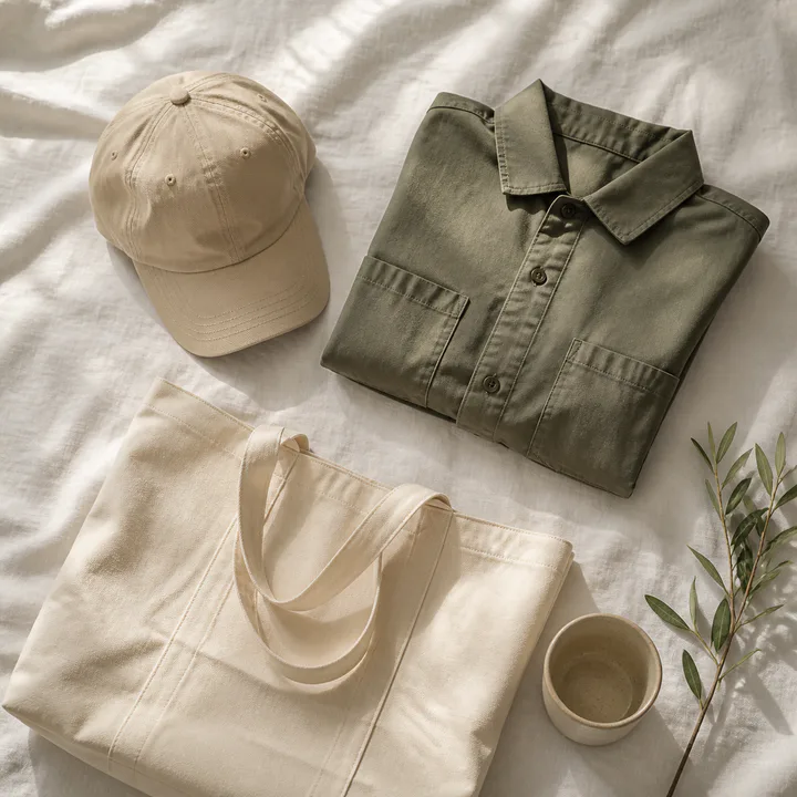 Sand cap, olive overshirt, and canvas tote arranged in natural light
