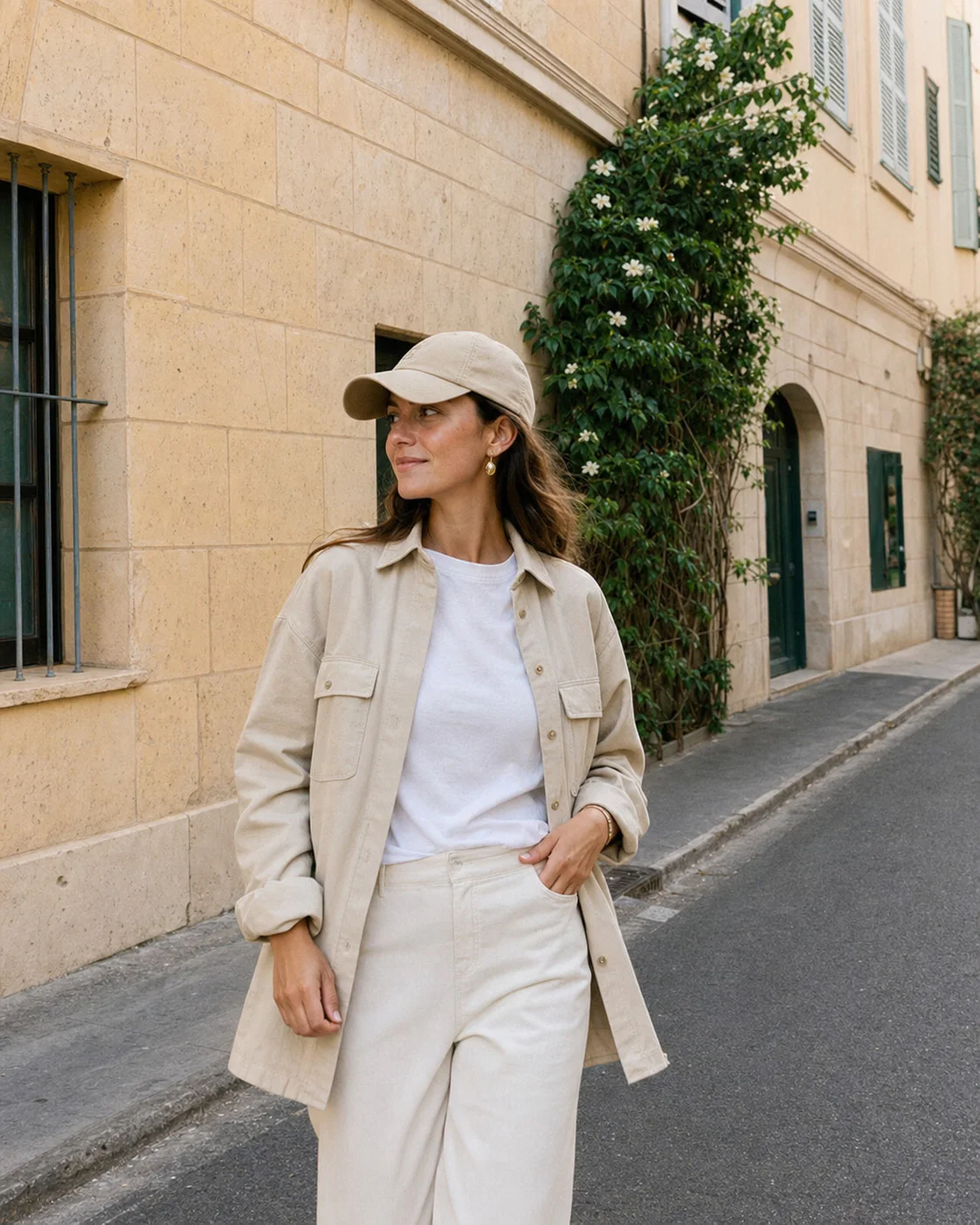 Customer wearing a beige twill cap and sand utility overshirt on a city street