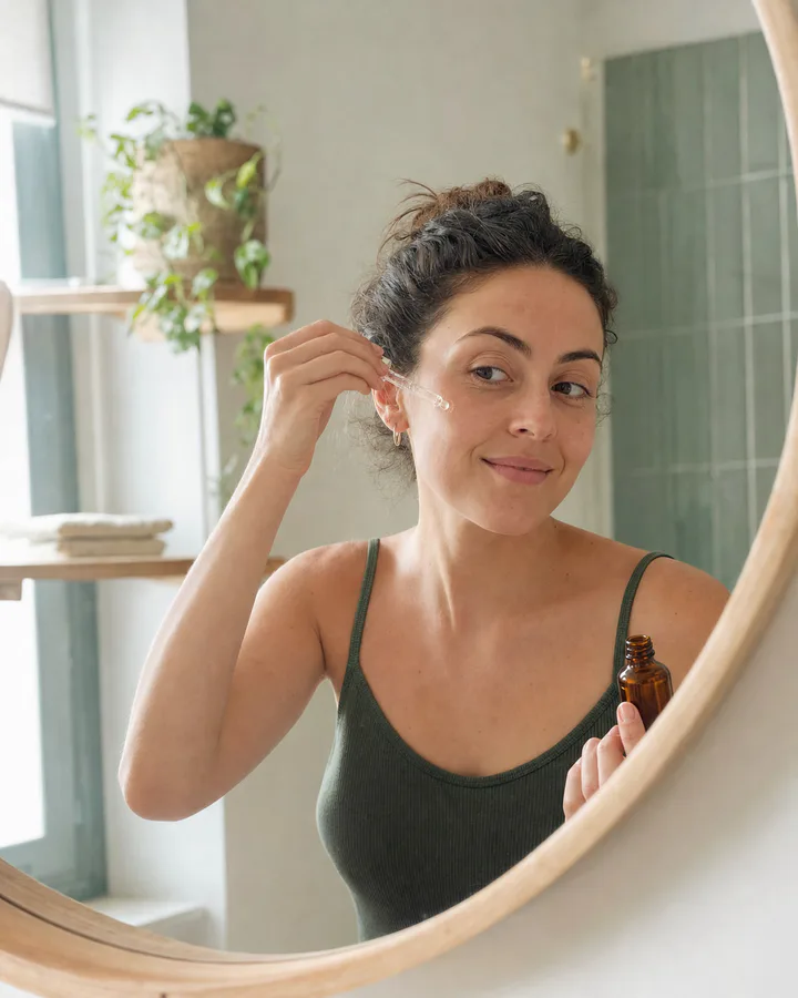Customer applying an amber glass face serum in a sunlit bathroom