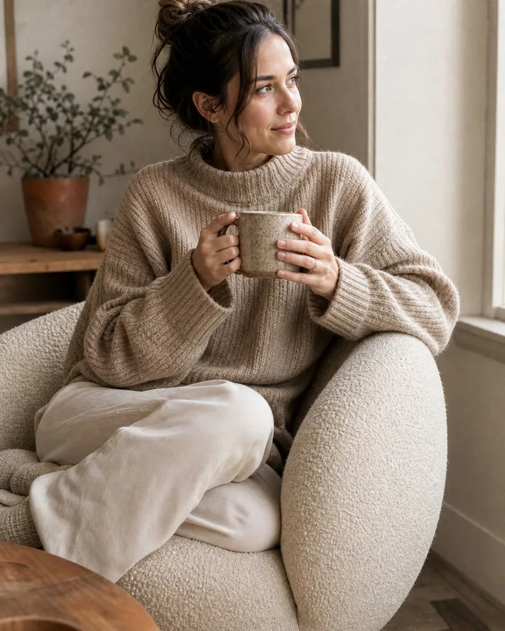 Customer relaxing in an ivory chair with a handmade ceramic mug