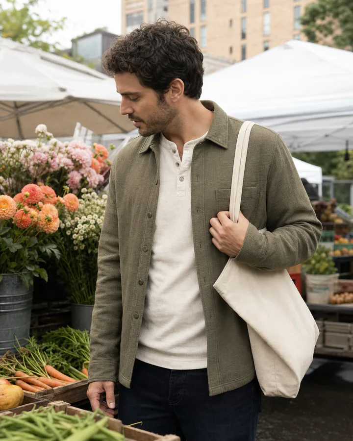 Customer wearing an olive overshirt at a neighborhood market