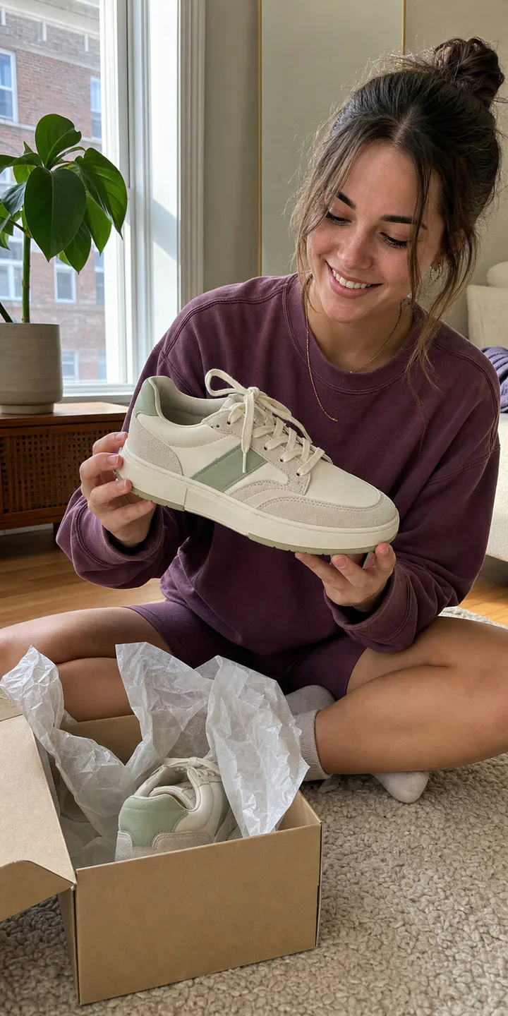 Customer unboxing a cream and sage lifestyle sneaker at home