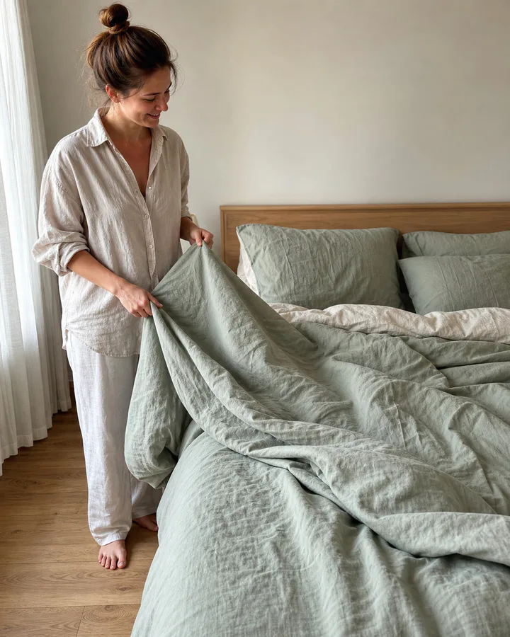 Customer making a bed with soft sage linen bedding