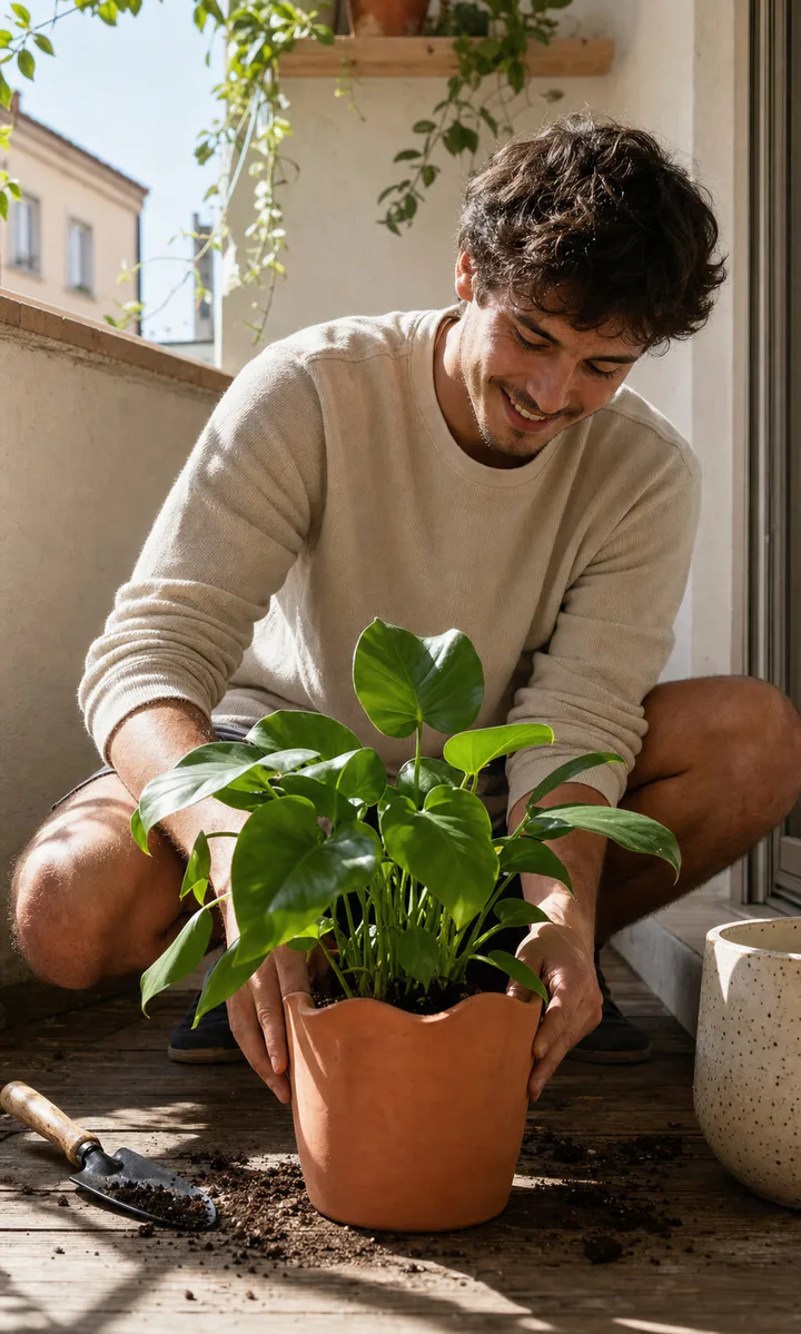 Customer repotting a houseplant into a terracotta planter